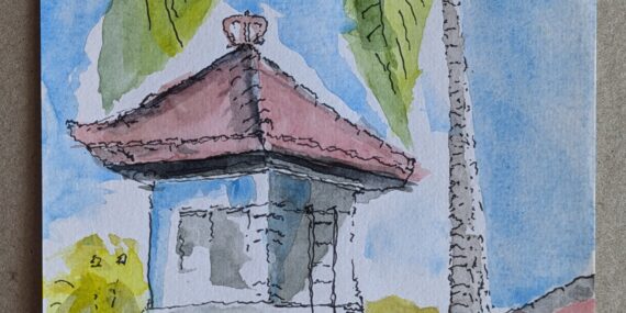 Watercolor and ink sketch of a red tile roof, water tower, and palm tree against a blue sky